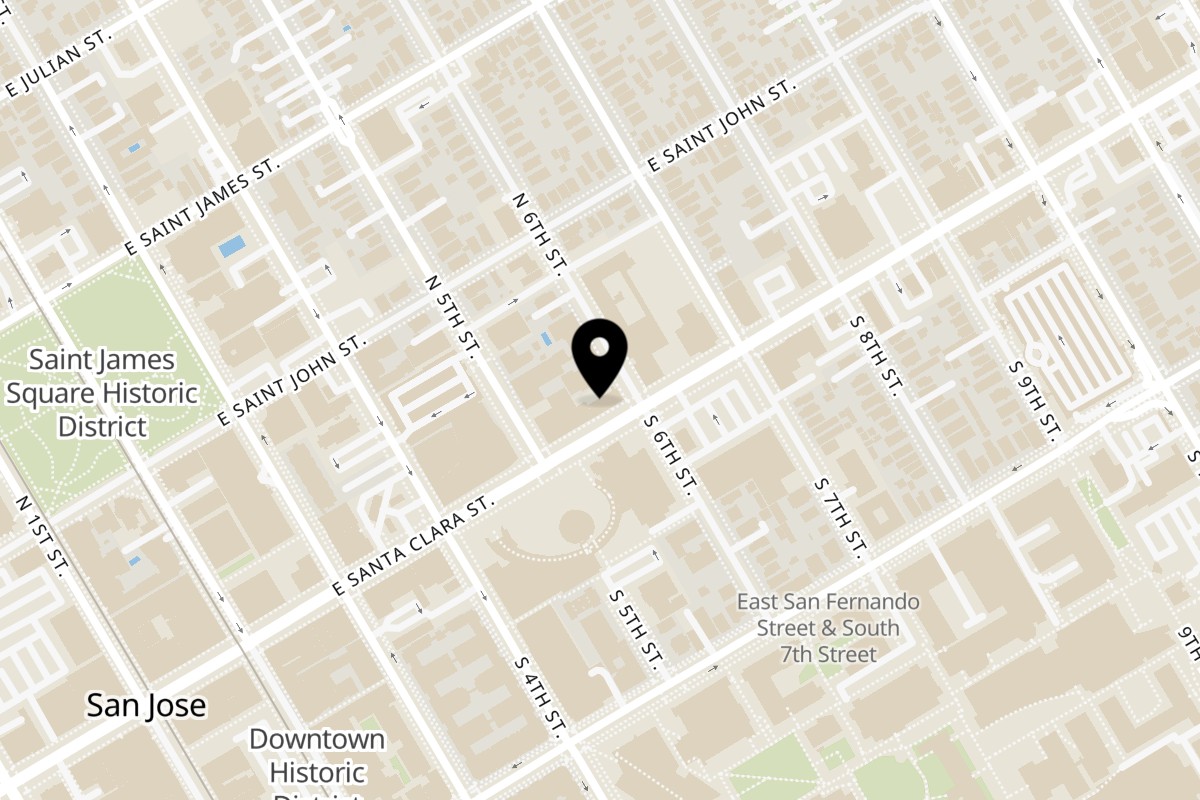 Map showing the location of Sixth Street Burger on 235 E Santa Clara St #112 in San Jose